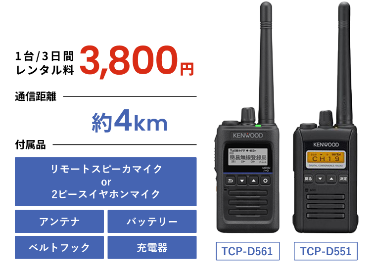TCP-D561とTCP-D551は1台3日間で3,800円でレンタルできます。