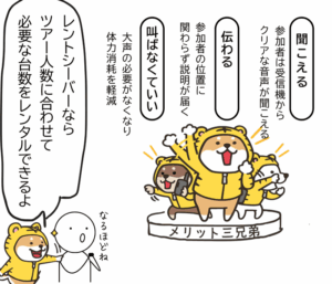 パナガイドの聞こえる、伝わる、叫ばなくてよいという三つのメリットを紹介する図