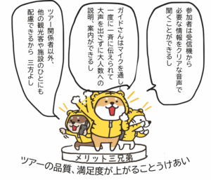 参加者に説明が届きやすくなり、ガイドの負担軽減やツアー関係者以外への配慮にもつながるメリットをまとめたトラシバたち