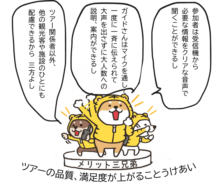 参加者に説明が届きやすくなり、ガイドの負担軽減やツアー関係者以外への配慮にもつながるメリットをまとめたトラシバたち