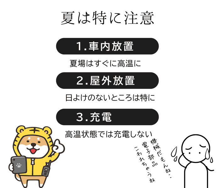 夏のトランシーバーで注意したい車内放置・屋外放置・高温時の充電について説明するトラシバ