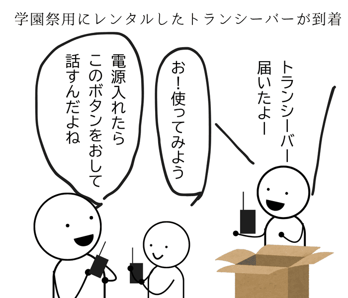 学園祭用にレンタルしたトランシーバーが届き、学生スタッフが使ってみようと準備している場面