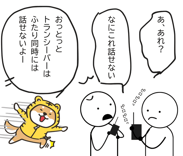 学生スタッフが同時に話してしまい、トランシーバーは一度に一人ずつ話すことに戸惑っている場面