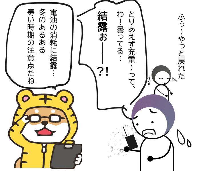 寒い屋外から暖かい室内へ移動したトランシーバーに結露が発生する様子